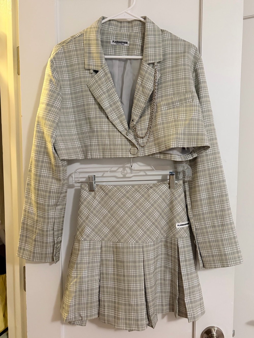 Plaid Cropped Blazer and Pleated Skirt Set - Korean/K-Pop Fashion
